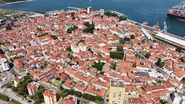 Koper Slovenia Old Town, Drone Shot of Buildings by Adriatic Sea on Sunny Summer Day