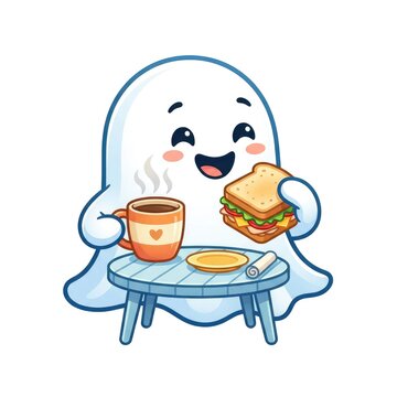 Playful Snapchat Icon Ghost Enjoying Coffee & Sandwich in Vibrant Cartoon