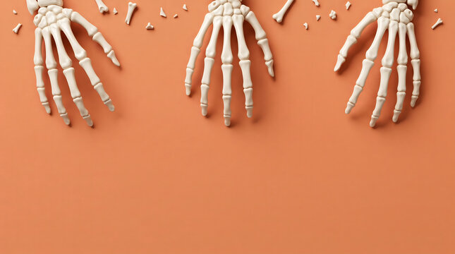 Skeleton hands on orange background, spooky Halloween bone decor, anatomical human hand model for horror party invitation