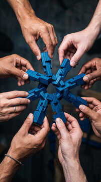 Diverse hands assembling a blue wooden puzzle, symbolizing unity, teamwork, and shared accomplishment in a collaborative effort