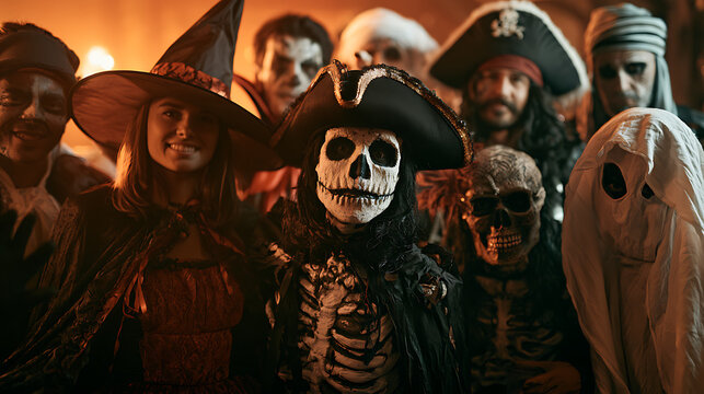 Un groupe de personnes en costumes pour une f&ecirc;te d'Halloween dans une salle sombre