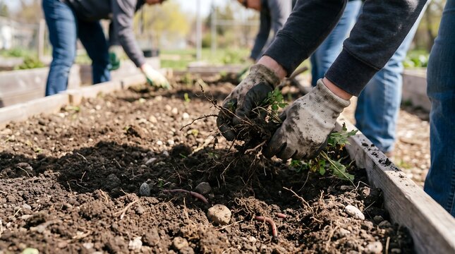 Group of volunteers weeding a community garden bed in spring for sustainable agriculture.