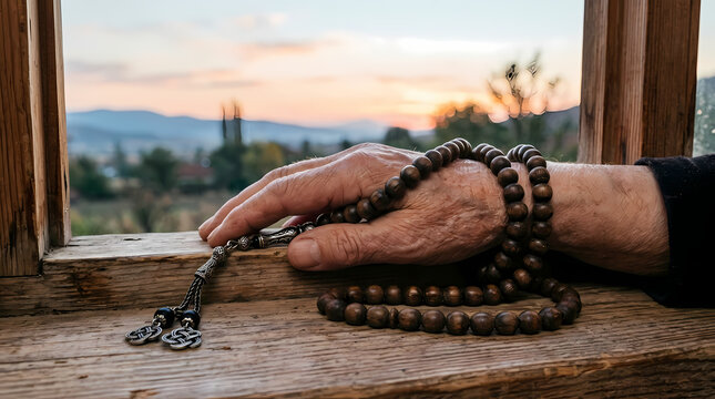 An elderly person holds wooden prayer beads resting on a window sill while looking at the sunset landscape representing peace tranquility meditation mindfulness faith devotion spirituality and