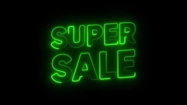 Neon green super sale text glowing on black background 4k video.