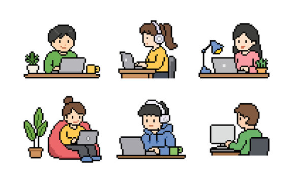 Pixel Art People Working on Laptop Computer Doodle Set - Remote Work, Freelancer, and Study Concept