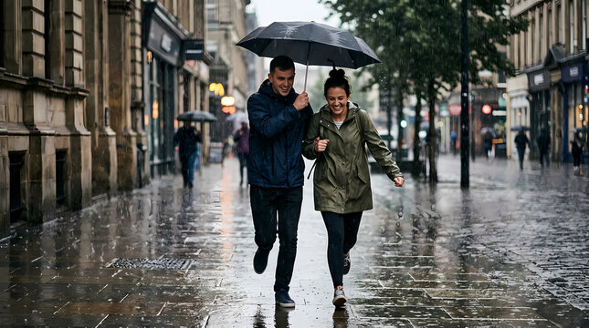 Happy couple running through city streets during a heavy rain shower while sharing a large black umbrella for protection and enjoying the wet weather in a European urban environment during