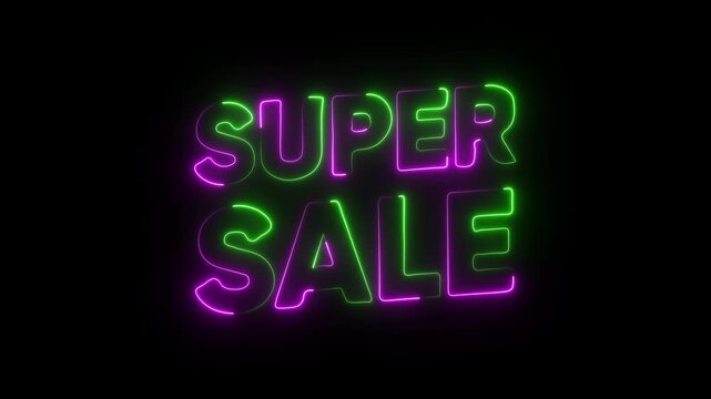 Neon super sale text purple and green glowing on black background 4k video