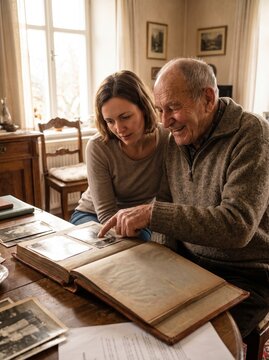 Happy senior man sharing family memories from vintage photo album with adult daughter in cozy home