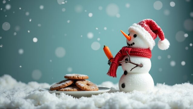 snowman looking longingly plate Christmas cookies carrying, cinematic lighting, shallow depth field, bokeh background, copy space