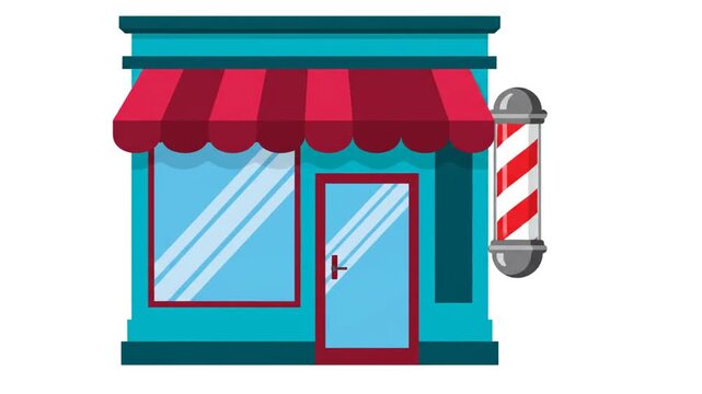Barbershop storefront illustration with red awning and barber pole