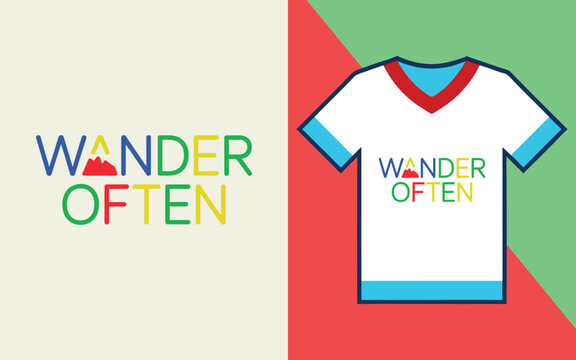 Wander often typography with a colorful v-neck t-shirt mockup on a split red and green background
