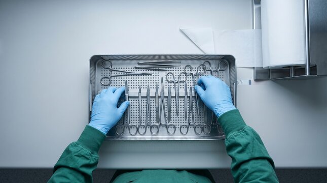 Technician assembles reusable instrument tray for sterile processing