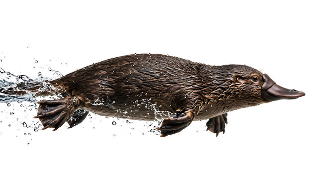 Semi-aquatic platypus swimming through water with dynamic splashes isolated on a white background
