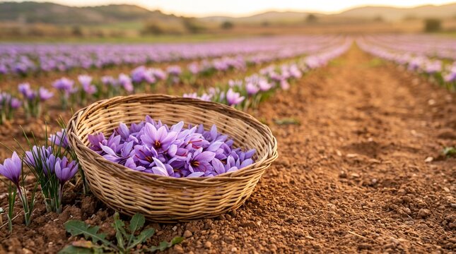 Fresh saffron crocus harvest resting in a field basket