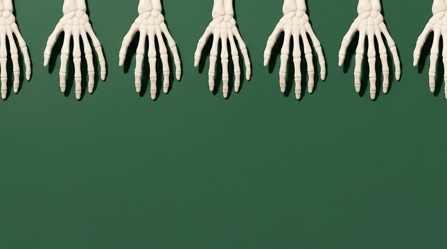 A row of human skeletal hands against a dark green background representing mortality and the fragility of life