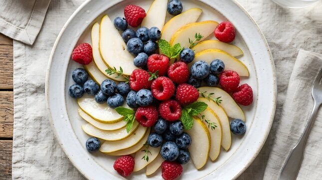 A top-down shot of a refreshing fruit salad featuring sliced pears, vibrant raspberries, and juicy blueberries in a white bowl.