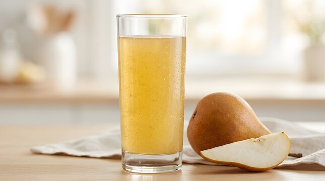 Fresh pear juice in tall glass with whole and sliced fruit on wooden table.