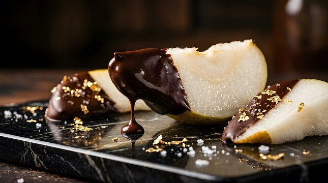 Gourmet chocolate-dipped pear slices with gold leaf on a dark slate board.