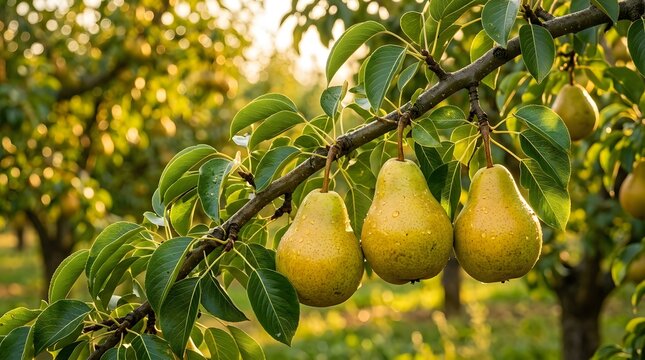 Ripe pears hanging on a fruitful tree branch in the orchard during golden hour sunlight.
