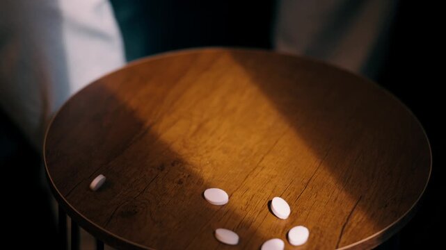 A person drops several white pills on a rustic wooden tabletop under dramatic sunlight in Slow Motion.