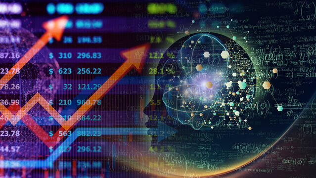 Artificial intelligence technology innovation and digital economic market growth concept. Human profile silhouette with AI digital brain network and mathematical equations overlaying economic data 