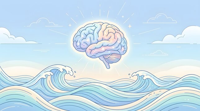 Human brain floating above ocean waves representing mental health and mindfulness concept