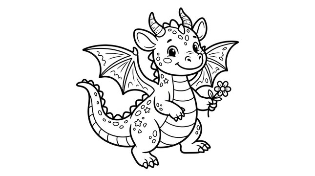 Cute Dragon Coloring Page: A charming baby dragon, depicted in a simple black and white line art style, holds a small flower in its claw, ready for creative coloring.