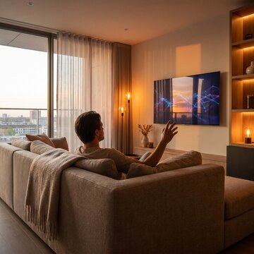 Young man relaxing on sofa and controlling smart TV with hand gestures in a cozy modern living room during sunset