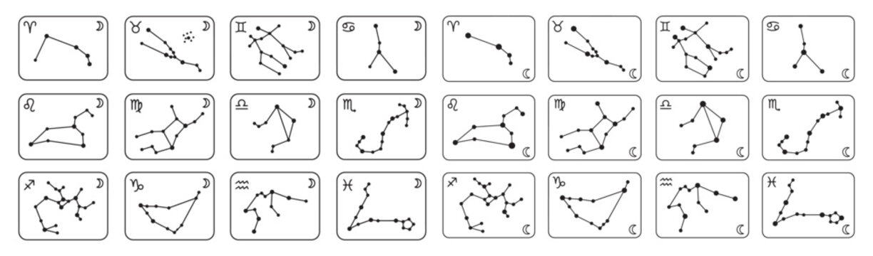 Zodiac Constellation Icons Set &mdash; Twelve Astrology Signs and Horoscope Constellations Grid