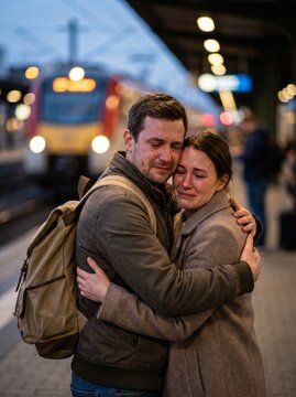 Emotional young man and woman crying and hugging tightly during a sad farewell on a train station platform
