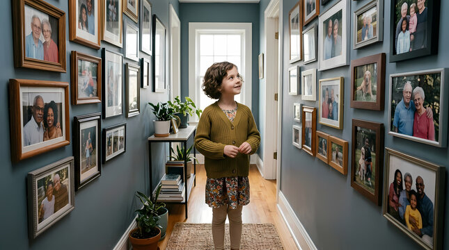 A happy young girl walks through a residential hallway while looking at the many vintage family portraits displayed on the deep blue walls of a cozy house during a peaceful afternoon time period