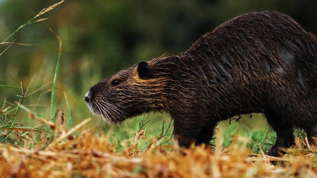 A breathtaking cinematic detailed profile shot capturing a wet, sleek nutria methodically foraging through lush green marshland vegetation and reeds in natural wetland light.