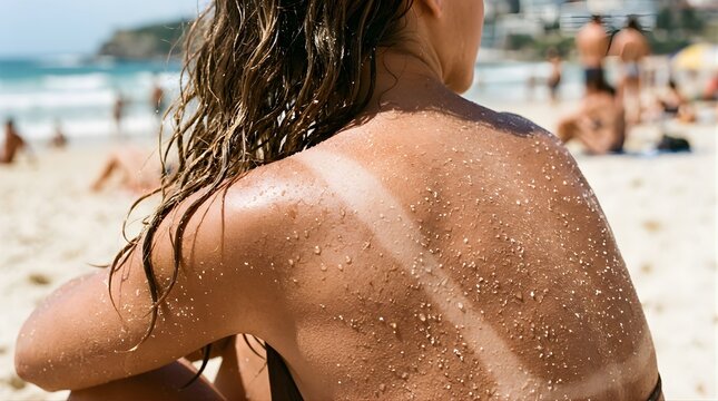 Back view of a woman with tan lines and wet skin sitting on a beach