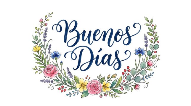 Floral Wreath for Buenos Dias: A delicate floral wreath encircles elegant script reading Buenos Dias, symbolizing a beautiful and warm morning greeting.