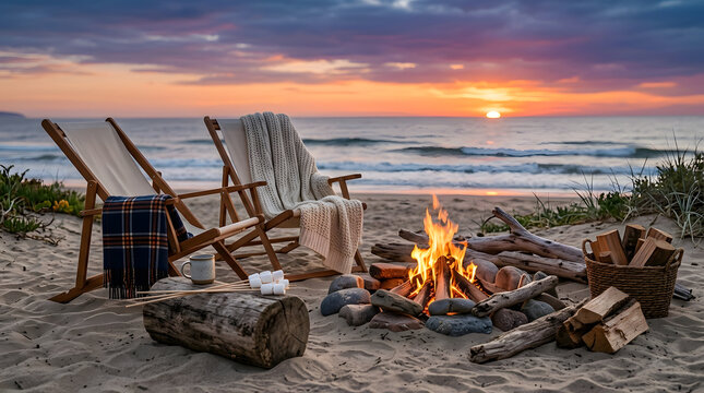 Two wooden beach chairs by a cozy bonfire at sunset on the sandy ocean shore