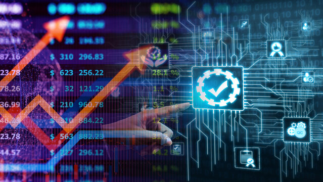 Industrial quality assurance and standard compliance digital market growth concept. Hand touching a glowing quality control checkmark icon on a virtual circuit board screen overlaying economic data