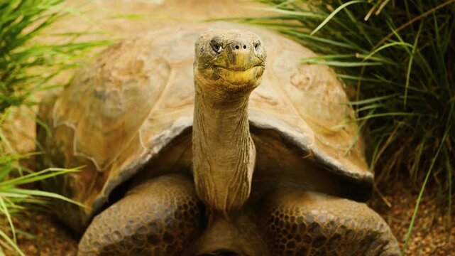 A breathtaking cinematic front-facing close-up portrait capturing the ancient, wrinkled skin texture and wise, steady gaze of a magnificent Gal&aacute;pagos giant tortoise in its natural habitat.