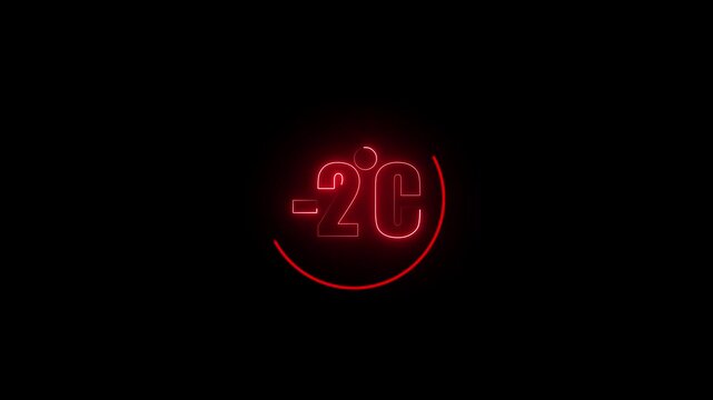 Temperature indicator showing minus two degrees celsius displayed in a bright red glowing neon circle light effect on a pitch black background providing a minimalist aesthetic for meteorological.