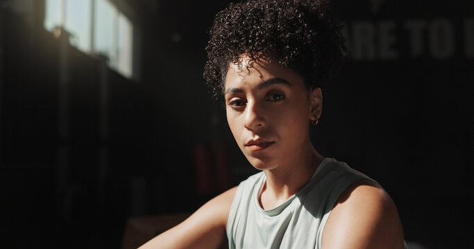 Portrait, break and fitness with woman in gym for workout rest, hobby and sports athlete. Exercise, health progress and training with female person in club for wellness, body builder and recovery