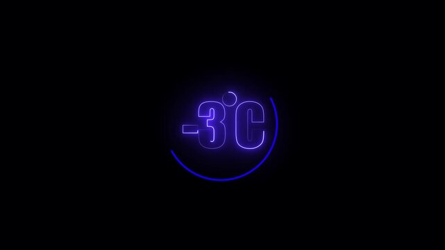 Temperature indicator showing minus three degrees Celsius glows in bright purple neon light on a dark black background to represent the extreme freezing conditions during winter seasons in cold.