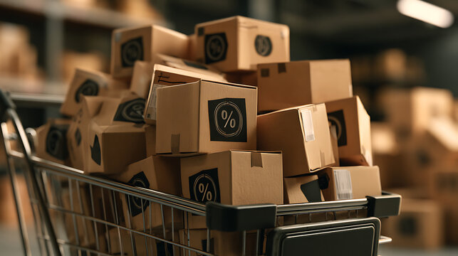 De nombreux cartons dans un chariot de supermarch&eacute; pendant les soldes