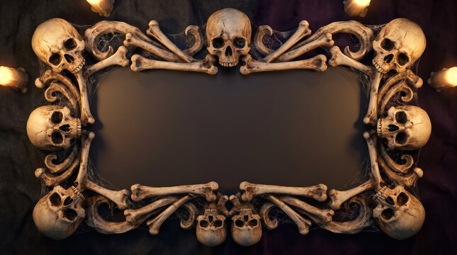 Halloween Skull and Bone Border Frame with Candles and Dark Background