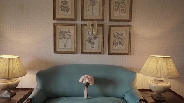 Wedding Bouquet On A Blue Sofa With Bridal Shoes Hung On Framed Botanical Prints And Lamps