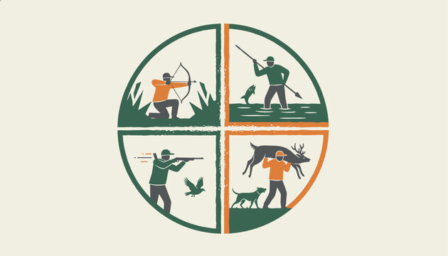 Vintage outdoor emblem showcasing traditional wilderness activities including hunting, archery, spear fishing, and deer tracking.