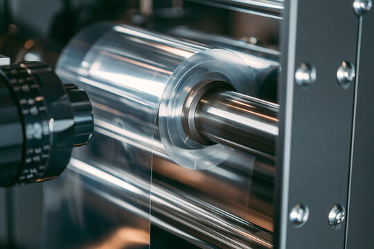 A clear plastic film unwinds through industrial machinery rollers. This shot represents modern automated manufacturing and high-speed packaging processes in an industrial factory.
