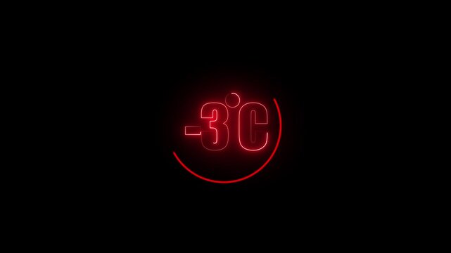 Temperature indicator showing minus three degrees Celsius glows in bright red neon light on a dark black background to represent the extreme freezing conditions during winter seasons in cold climates.