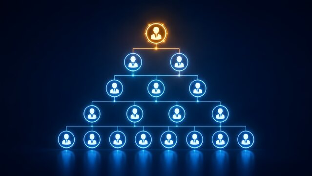 Glowing corporate hierarchy chart with golden leader at the top