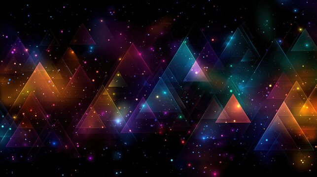 Layered red blue and cyan triangles form a luminous abstract geometric pattern