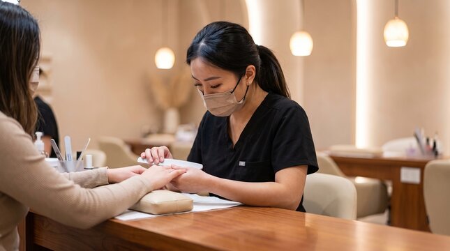 Manicurist filing fingernails of female client wearing protective face masks in a professional modern bright luxury beauty nail salon