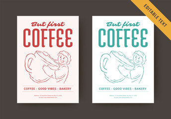 Naklejka premium Playful hand drawn quote print comes in soft pink and muted teal versions, with cheerful character illustration and fully editable text for local cozy bakery and coffee spot